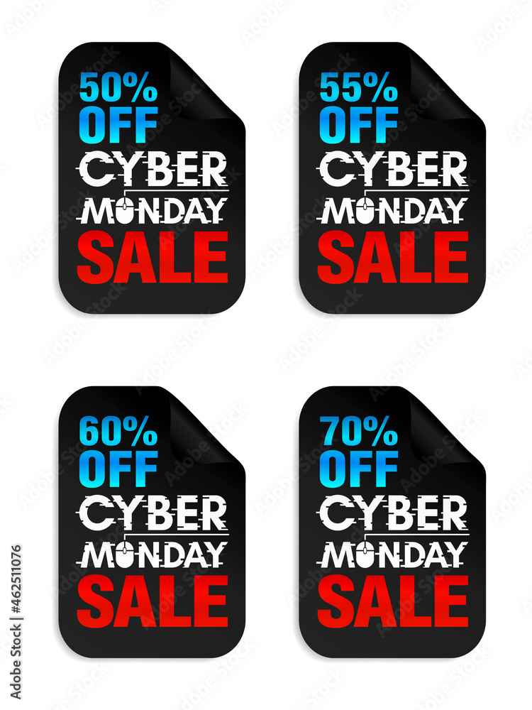 Set of Cyber Monday Sale stickers. Cyber Monday sale 50%, 55%, 60%, 70% off. Vector illustration
