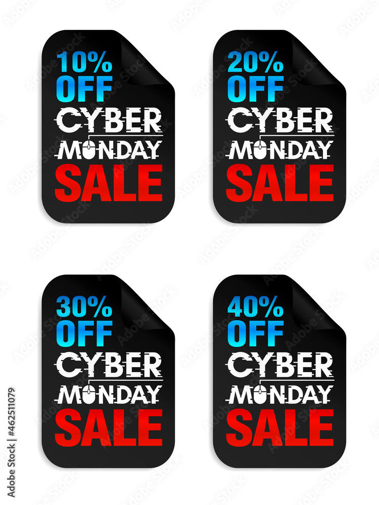 Set of Cyber Monday Sale stickers. Cyber Monday sale 10%, 20%, 30%, 40% off. Vector illustration