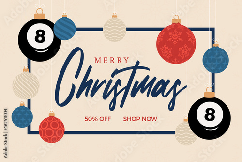billiard christmas greeting card. Merry Christmas and Happy New Year flat cartoon Sports banner. billiard ball as a xmas ball on background. Vector illustration.