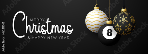 billiard Christmas card. Merry Christmas sport greeting card. Hang on a thread billiard ball as a xmas ball and golden bauble on black horizontal background. Sport Vector illustration.