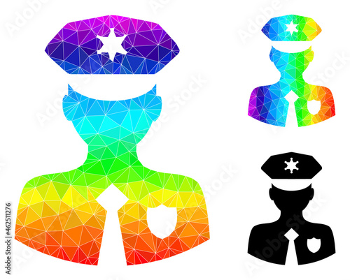 Low-poly constable icon with spectral gradient. Spectral vibrant polygonal constable vector is filled with random vibrant triangles. Flat geometric lowpoly symbol is based on constable icon.