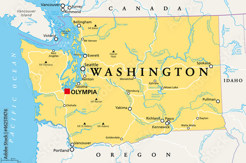Washington, WA, political map with the capital Olympia. State in the Pacific Northwest region of the Western United States of America. State of Washington, with nickname The Evergreen State. Vector. photo
