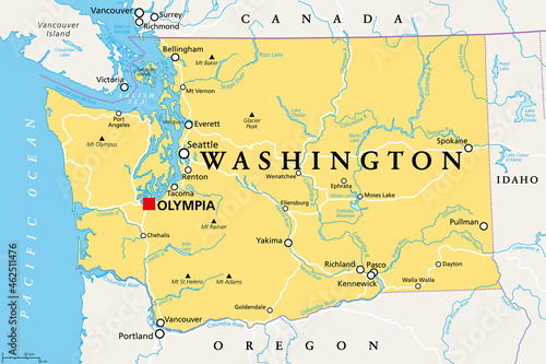 Washington, WA, political map with the capital Olympia. State in the Pacific Northwest region of the Western United States of America. State of Washington, with nickname The Evergreen State. Vector.