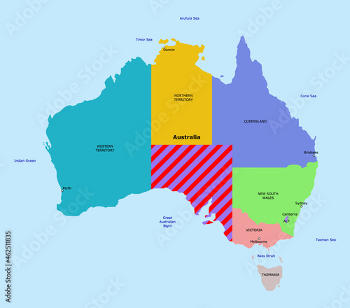 Vector Southern Territory on Australia map illustration, red highlighted hatched territory. Highlighted illustration of Southern Territory on Australia map with red hatch for attention.