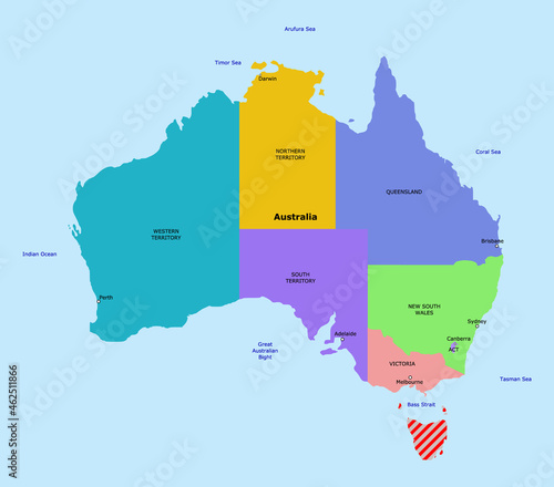 Vector Tasmania on Australia map illustration, red highlighted hatched region. Highlighted illustration of Tasmania on Australia map with red hatch for attention.