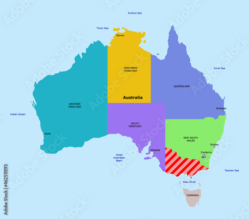Vector Victoria on Australia map illustration, red highlighted hatched region. Highlighted illustration of Victoria on Australia map with red hatch for attention.