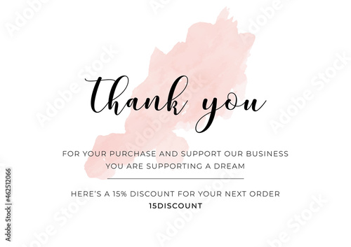 Thank you for your order customer thank you card, vector illustration. Handdrawn watercolour stain, hand written script, soft pastel colors. Elegant calligraphic graphic design elements for type.