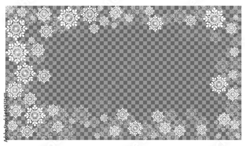 Vector. Snow covered window frame. Snow frame. Frozen window. Ice glass frozen window. Christmas and New Year winter background made of crystals, snowflakes. Transparency.