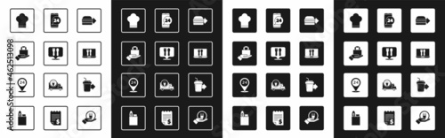 Set Online ordering burger delivery, Cafe and restaurant location, Chef hat, Food, Coffee cup to go and Round the clock icon. Vector