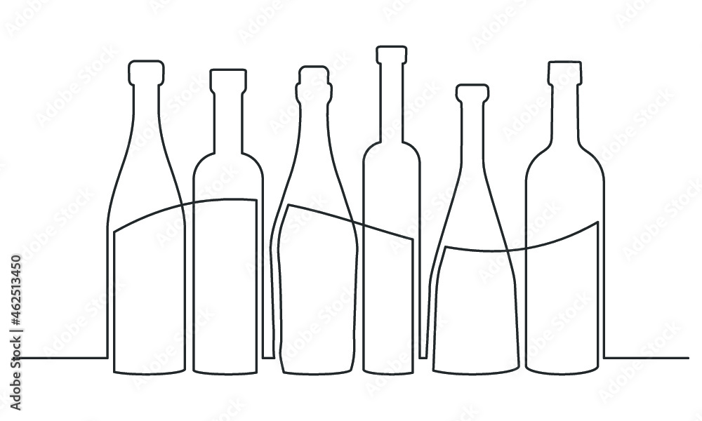 Continuous one line drawing of wine bottles. Wine bottle set. Vector illustration Continuous one line drawing of wine bottles. Wine bottle set. Vector illustration