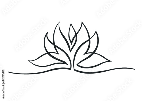 Continuous line drawing of lotus flower. Single line drawing of beautiful water lily for floral design or logo. Vector illustration