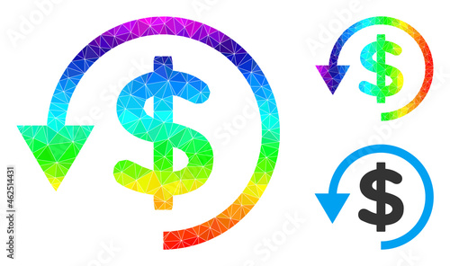 Low-poly chargeback icon with spectral gradient. Rainbow vibrant polygonal chargeback vector is filled from scattered bright triangles.
