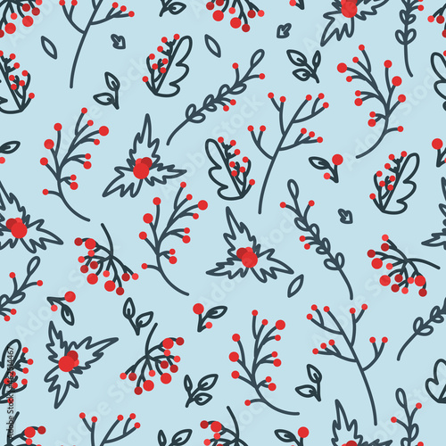 Cozy winter decor with red berries in the style of lines. Decorative elements for the design of postcards, invitations and much more. Vector is a collection of hand-drawn Christmas decorations.