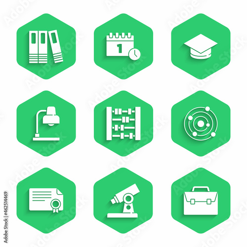 Set Abacus, Microscope, Briefcase, Solar system, Certificate template, Table lamp, Graduation cap and Office folders icon. Vector