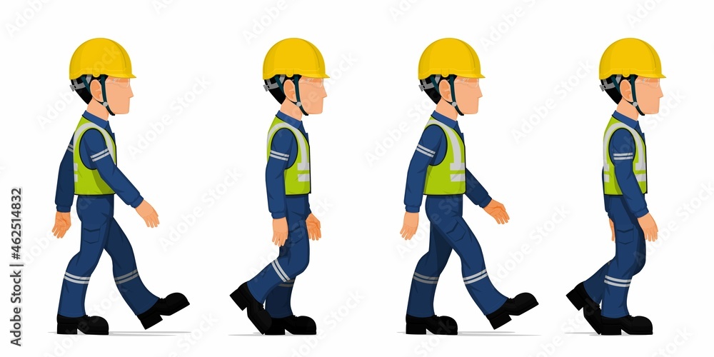 set of industrial worker is walking on white background - obrazy, fototapety, plakaty 