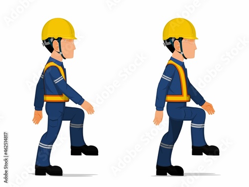 set of industrial worker is stepping up the stair on white background