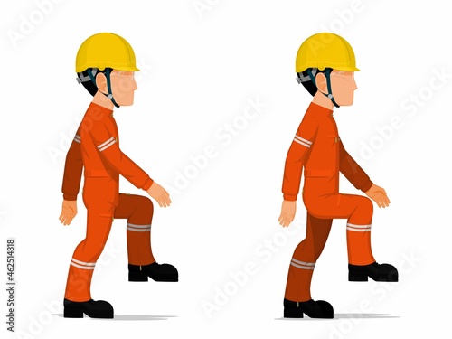 set of industrial worker is stepping up the stair on white background