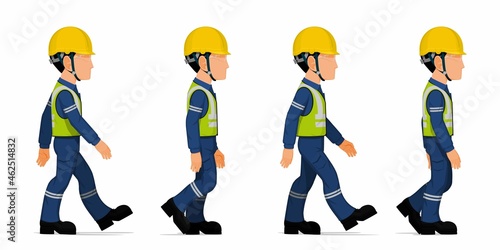 set of industrial worker is walking on white background