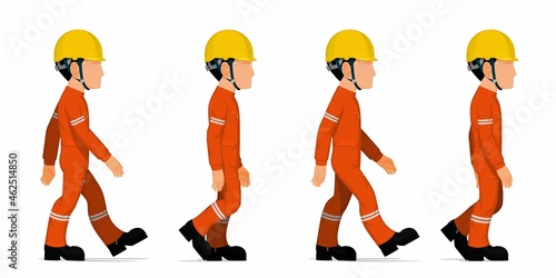 set of industrial worker is walking on white background