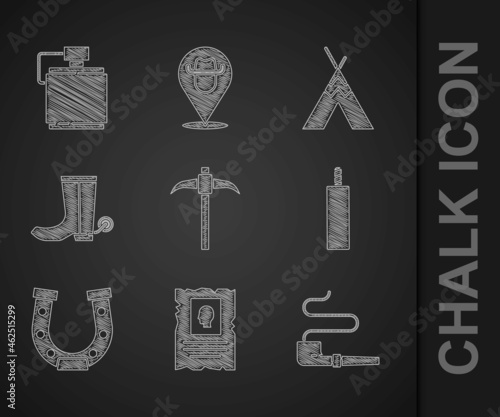 Set Pickaxe, Wanted western poster, Smoking pipe, Dynamite bomb, Horseshoe, Cowboy boot, Indian teepee wigwam and Canteen water bottle icon. Vector