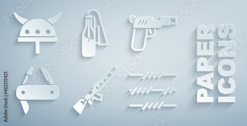 Set Sniper rifle with scope, Pistol or gun, Swiss army knife, Barbed wire, Cocktail molotov and Viking in horned helmet icon. Vector