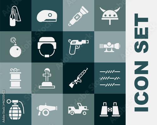 Set Binoculars, Barbed wire, Sniper optical sight, Flashlight, Military helmet, Bomb ready to explode, Cocktail molotov and Pistol or gun icon. Vector