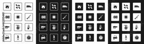Set Military truck, Naval mine, Dynamite and timer clock, Bomb explosion, Sniper rifle with scope, Satellite, Cocktail molotov and Cannon icon. Vector