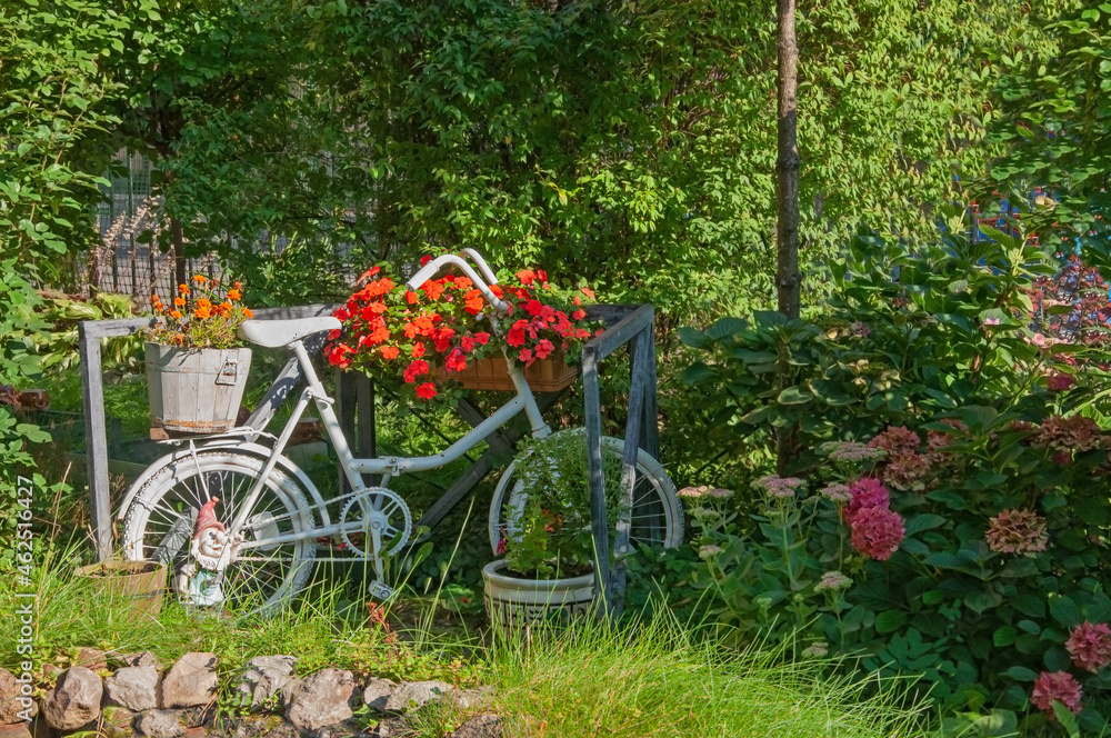 Decorative bicycle with baskets of flowers close-up in the garden against the background of hydrangea flowers and garden plants