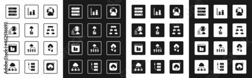 Set Social network, Cloud technology data transfer, Network cloud connection, Server, Data, Web Hosting, Hierarchy organogram chart, analysis, hacking and File missing icon. Vector