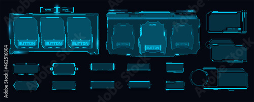 Digital frame technology template for a set of frames , buttons. Sci Fi HUD Futuristic design of game gui elements with buttons and blue border square Frames blocks isolated on black background
