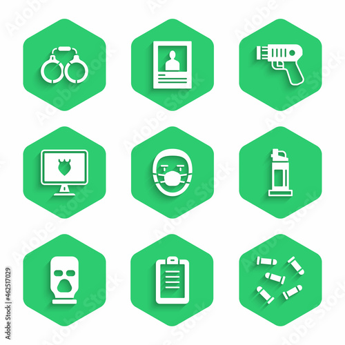 Set Doctor pathologist, Police report, Bullet, Pepper spray, Balaclava, database, electric shocker and Handcuffs icon. Vector