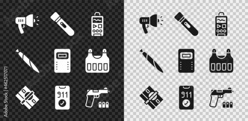 Set Police megaphone, Flashlight, Dictaphone, Stacks paper money cash, Telephone call 911, Pistol or gun, Marijuana joint and assault shield icon. Vector