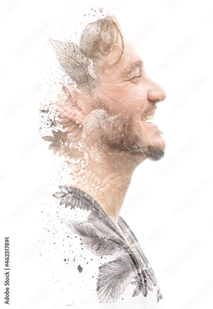 Paintography. Creative portrait of a stylish man laughing out loud