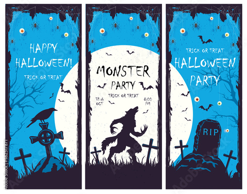 Set of Blue Halloween Banners with Party Invitations