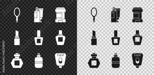 Set Hand mirror, Cream lotion cosmetic tube, Antiperspirant deodorant roll, Perfume, Epilator, Lipstick and Nail polish bottle icon. Vector