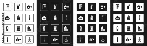 Set Perfume, Antiperspirant deodorant roll, Cream lotion cosmetic tube, Hairbrush, Makeup, and Bottle of shampoo icon. Vector