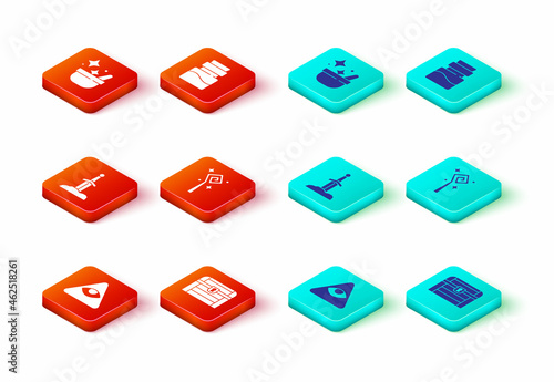 Set Masons, Antique treasure chest, Sword in the stone, Magic staff, Bottle with potion and Witch cauldron icon. Vector