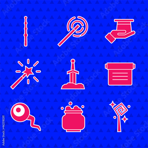 Set Sword in the stone, Witch cauldron, Magic staff, Ancient magic book, Eye, wand, Magician hat hand and icon. Vector