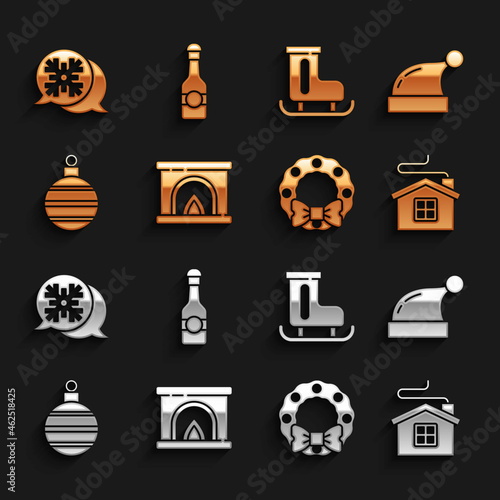 Set Interior fireplace, Christmas Santa Claus hat, Merry house, wreath, ball, Figure skates, Snowflake speech bubble and Champagne bottle icon. Vector