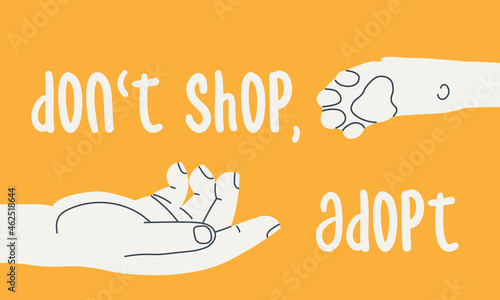 Don't shop, adopt. Human hand reaches for a dog's paw. Simple flat illustration calling for adoption of animals from the shelter.
