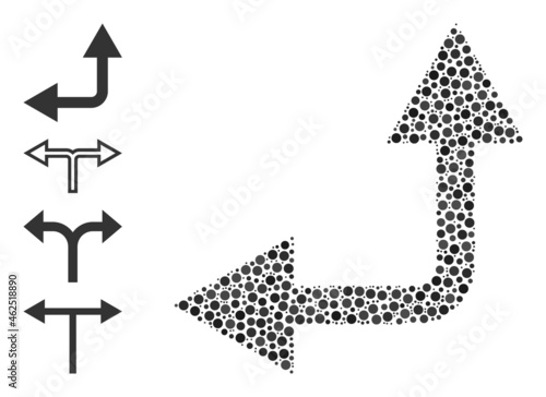 Circle collage bifurcation arrow left up. Vector mosaic is based on bifurcation arrow left up icon, and designed with random circle items.