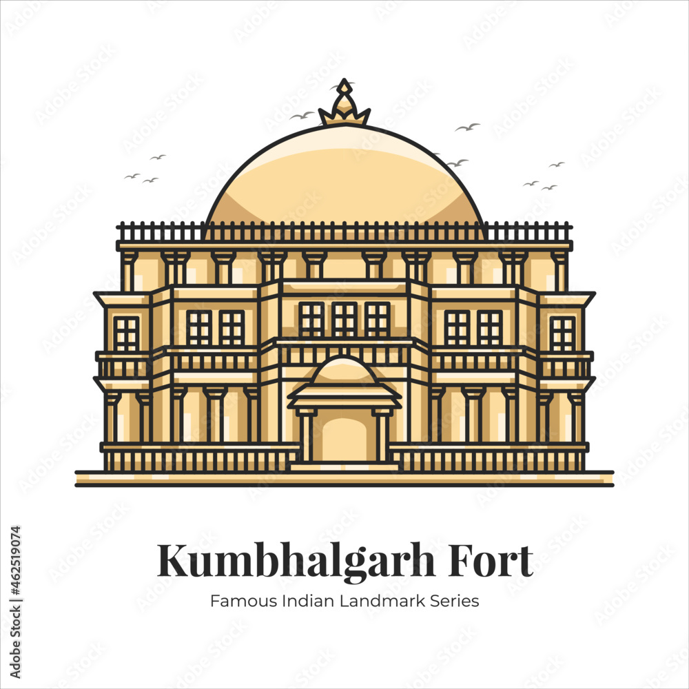 Kumbhalgarh fort Indian Famous Iconic Landmark Cartoon Line Art Illustration