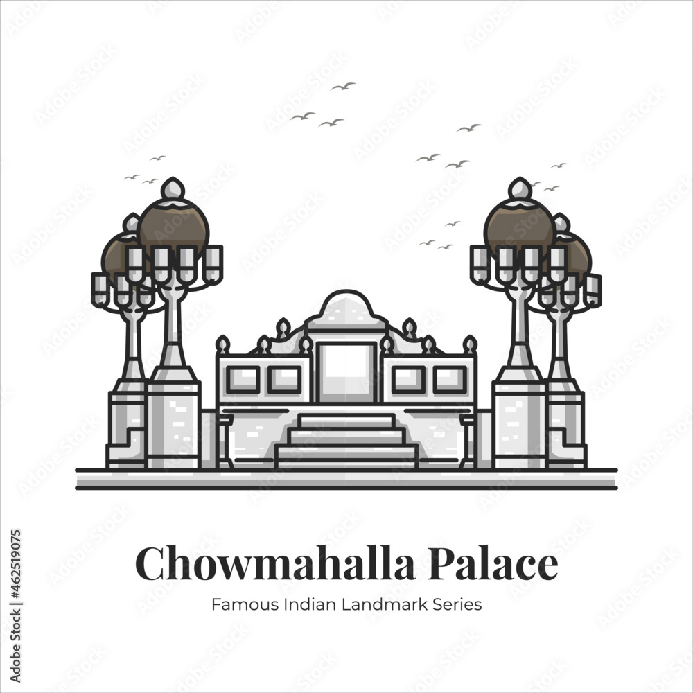 Chowmahalla Palace Indian Famous Iconic Landmark Cartoon Line Art Illustration