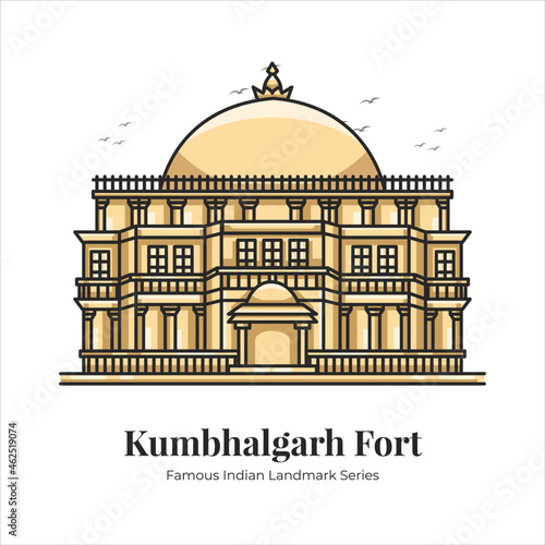 Kumbhalgarh fort Indian Famous Iconic Landmark Cartoon Line Art Illustration