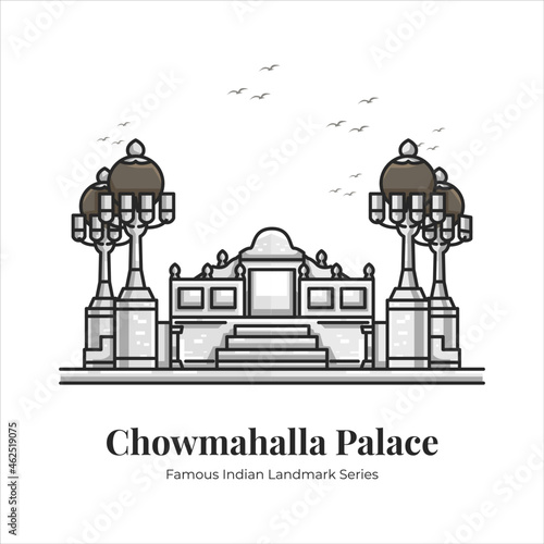 Chowmahalla Palace Indian Famous Iconic Landmark Cartoon Line Art Illustration