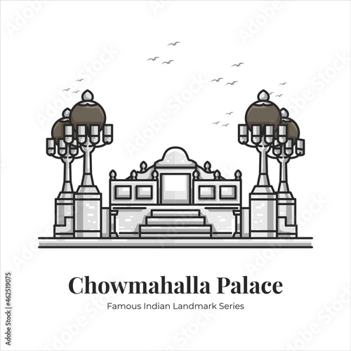 Chowmahalla Palace Indian Famous Iconic Landmark Cartoon Line Art Illustration