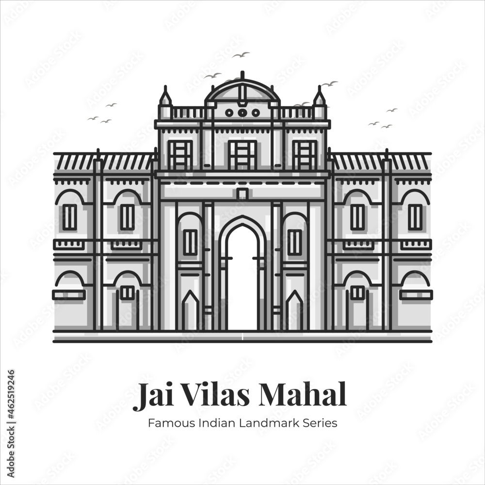 Jai Vilas Mahal Indian Famous Iconic Landmark Cartoon Line Art Illustration
