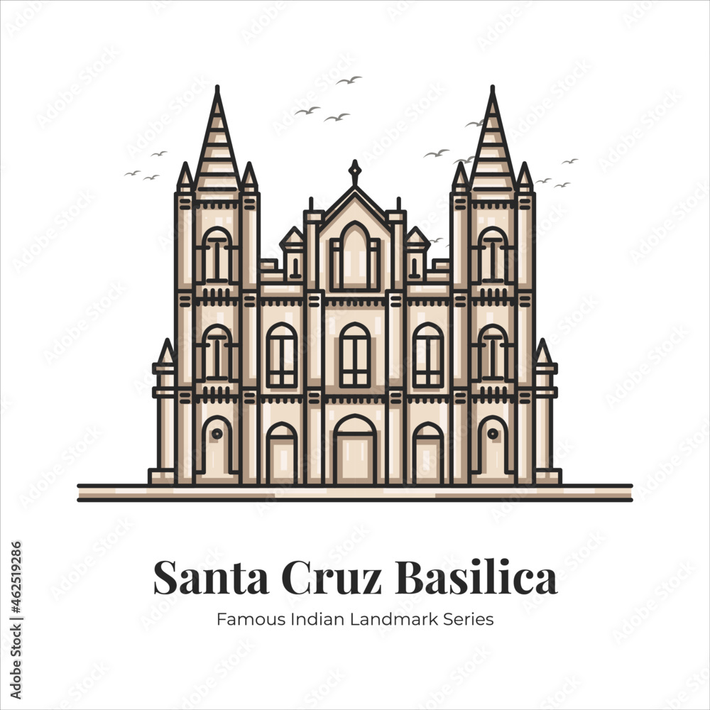Santa Cruz Basilica Indian Famous Iconic Landmark Cartoon Line Art Illustration