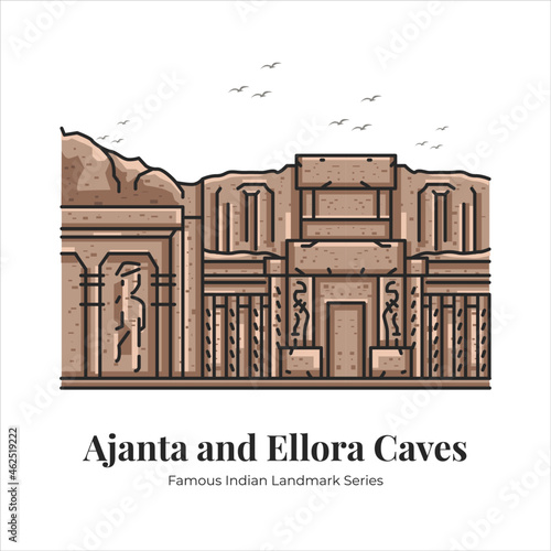 Ajanta and Ellora Caves Indian Famous Iconic Landmark Cartoon Line Art Illustration photo