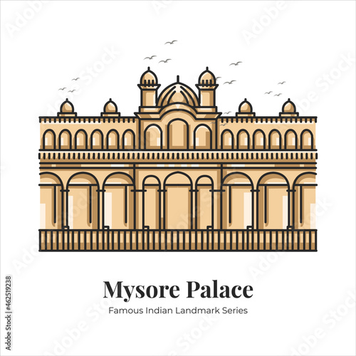 Mysore Palace Indian Famous Iconic Landmark Cartoon Line Art Illustration
